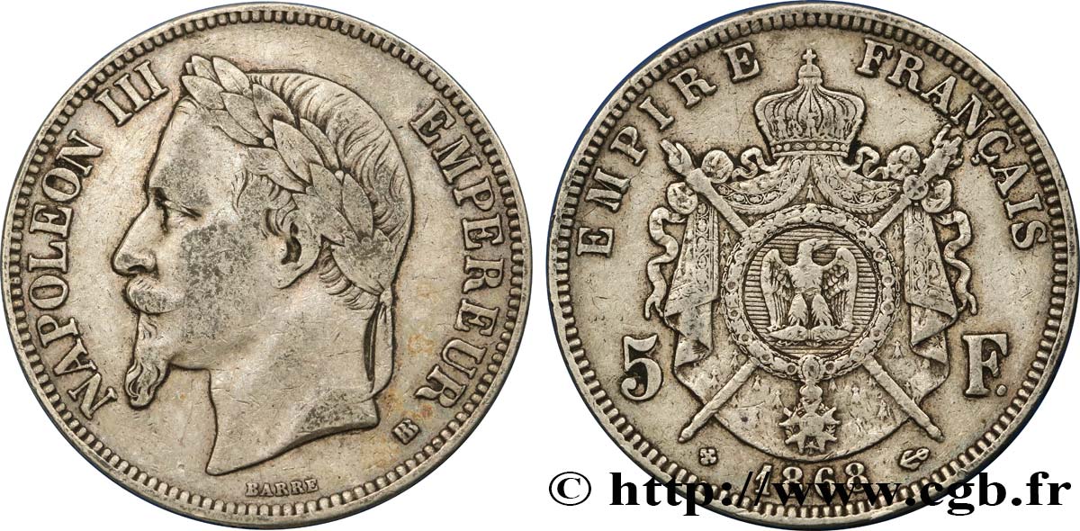 5 francs Napoléon III, tête laurée 1868 Strasbourg F.331/13 VF35 