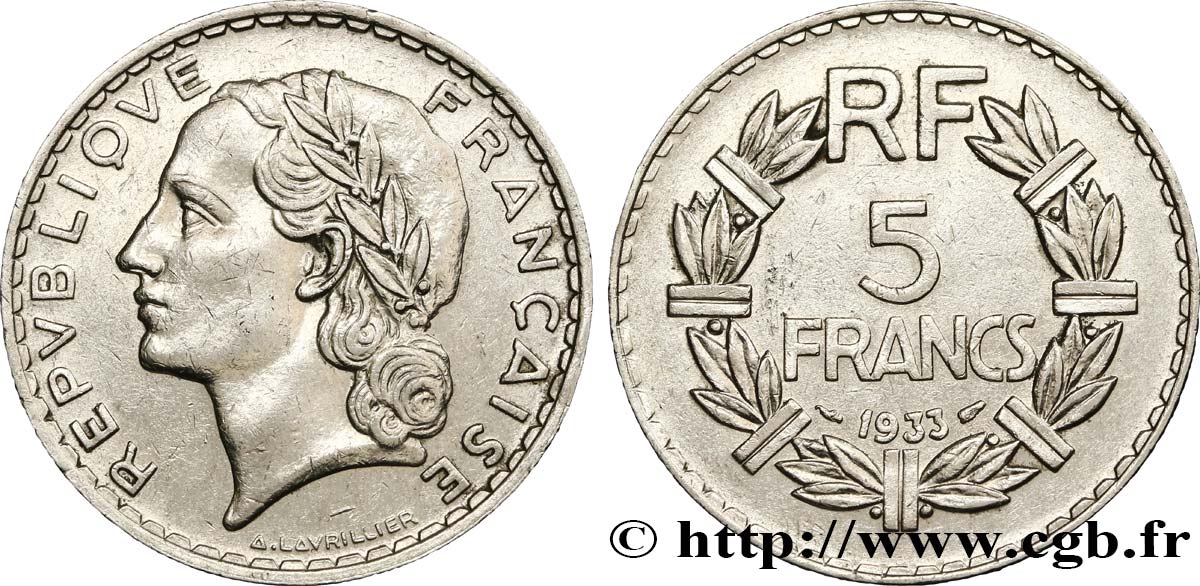 5 francs Lavrillier, nickel 1933  F.336/2 TTB48 