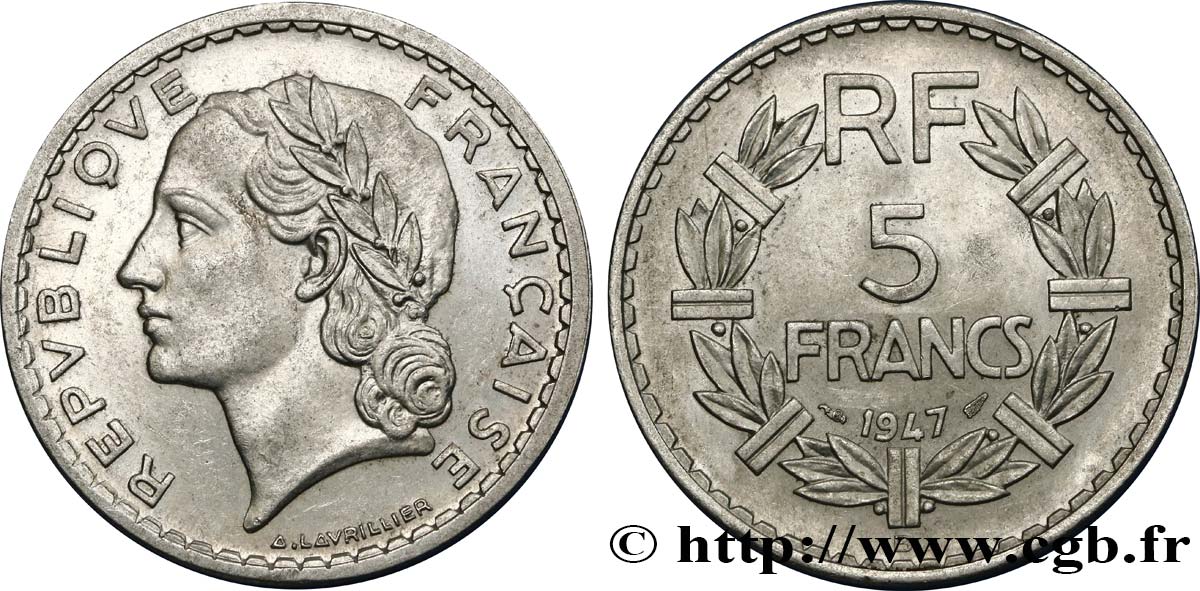 5 francs Lavrillier, aluminium 1947 Beaumont-Le-Roger F.339/12 SUP60 