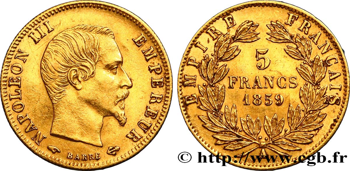5 francs or Napoléon III, tête nue, grand module 1859 Paris F.501/7 TTB52 