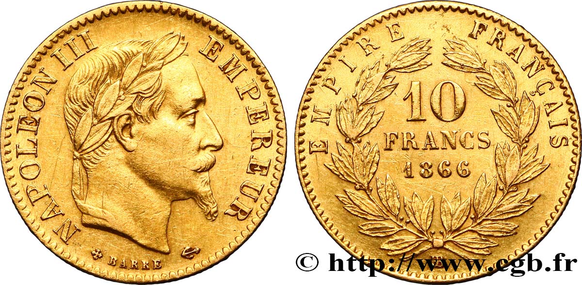 10 francs or Napoléon III, tête laurée 1866 Strasbourg F.507A/13 MBC50 