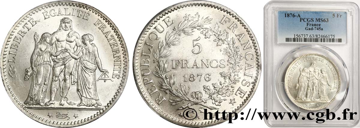 5 francs Hercule 1876 Paris F.334/17 fST63 PCGS