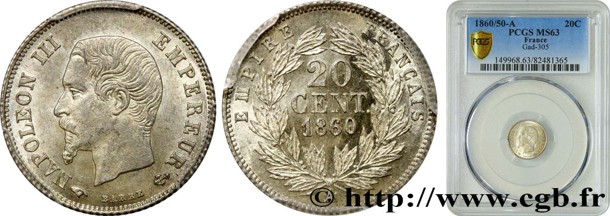 20 centimes Napoléon III, tête nue 1860 Paris F.148/13 SPL63 PCGS