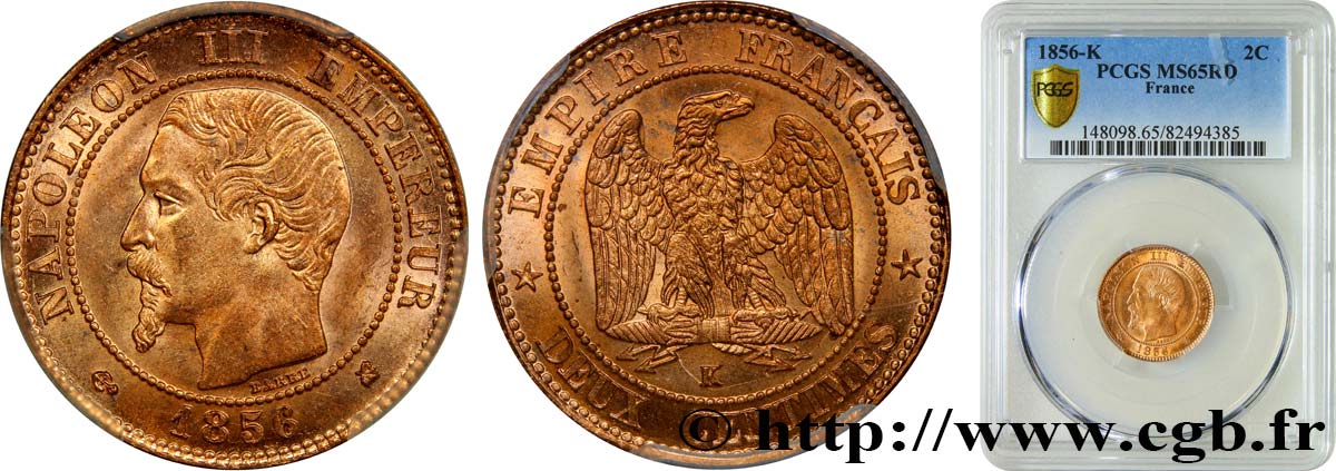 Deux centimes Napoléon III, tête nue 1856 Bordeaux F.107/41 FDC65 PCGS
