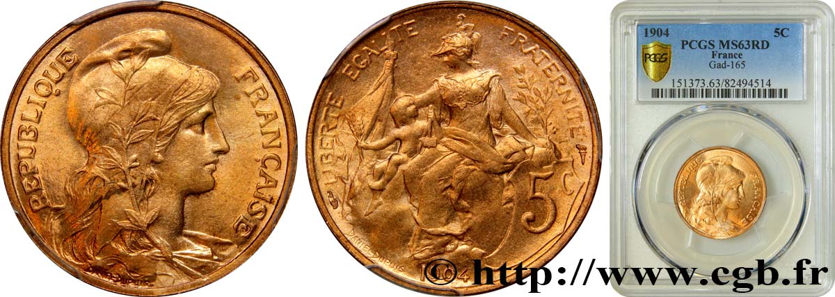 5 centimes Daniel-Dupuis 1904  F.119/14 SPL63 PCGS