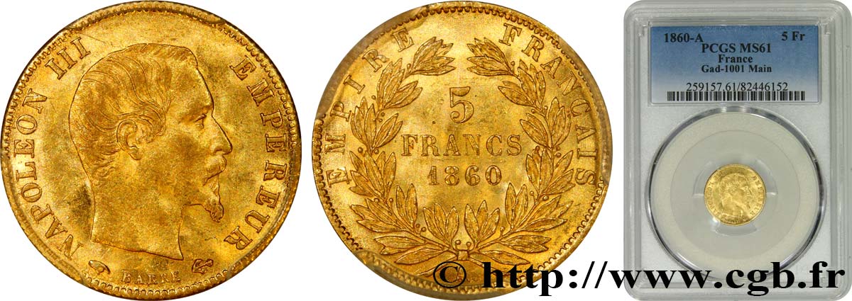 5 francs or Napoléon III, tête nue, grand module 1860 Paris F.501/10 SUP61 PCGS