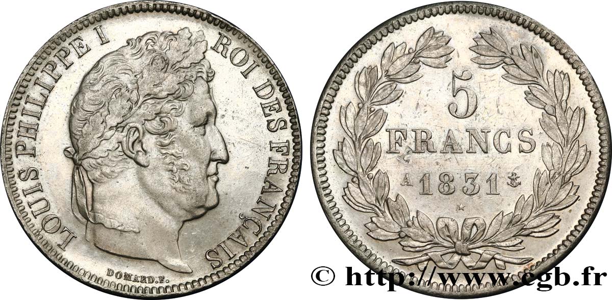 5 francs Ier type Domard, tranche en relief 1831 Paris F.320/1 AU 