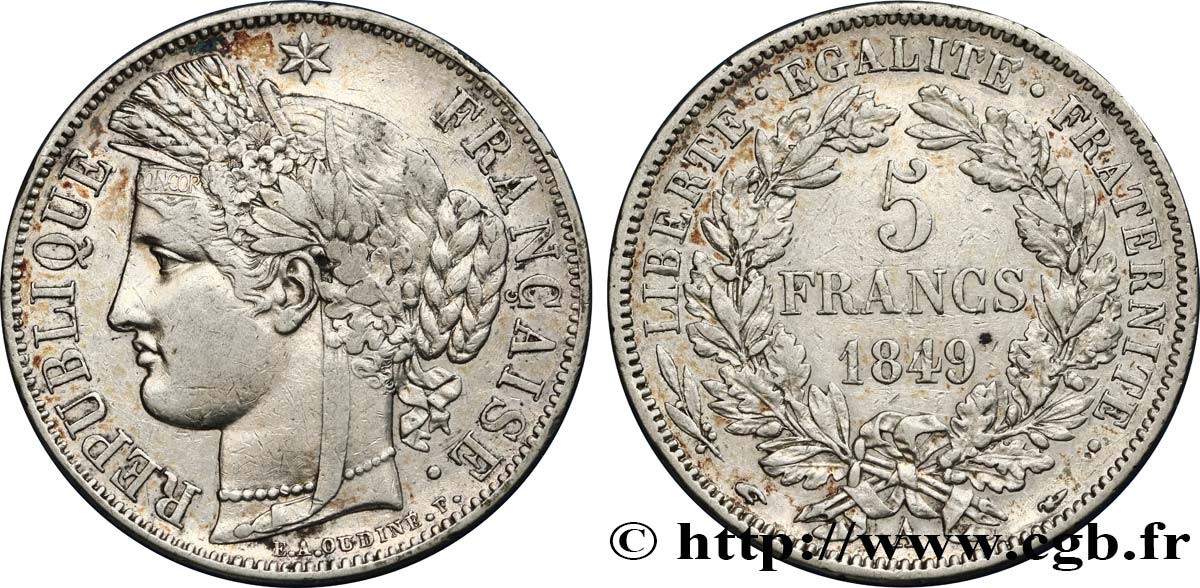5 francs Cérès, IIe République 1849 Paris F.327/1 XF45 