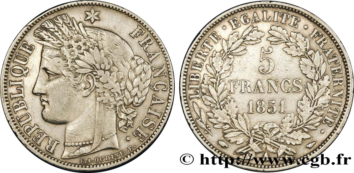 5 francs Cérès, IIe République 1851 Paris F.327/7 VF35 