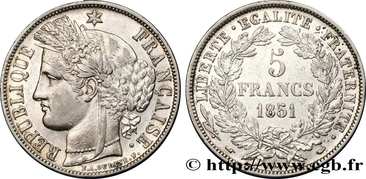 5 francs Cérès, IIe République 1851 Paris F.327/7 TTB45 