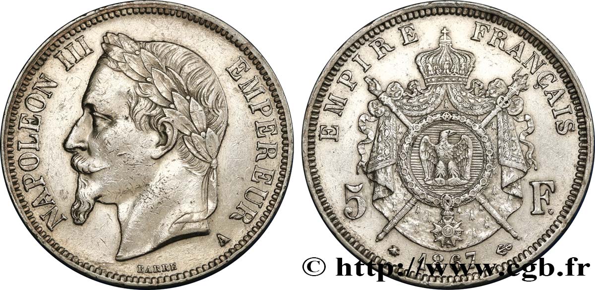 5 francs Napoléon III, tête laurée 1867 Paris F.331/10 BB 