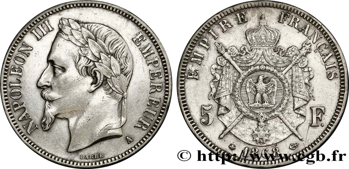 5 francs Napoléon III, tête laurée 1868 Paris F.331/12 XF45 