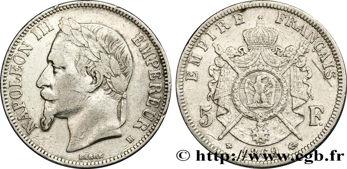 5 francs Napoléon III, tête laurée 1869 Strasbourg F.331/15 MB25 