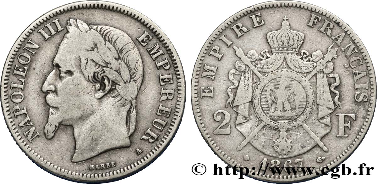 2 francs Napoléon III, tête laurée  1867 Paris F.263/5 VF25 