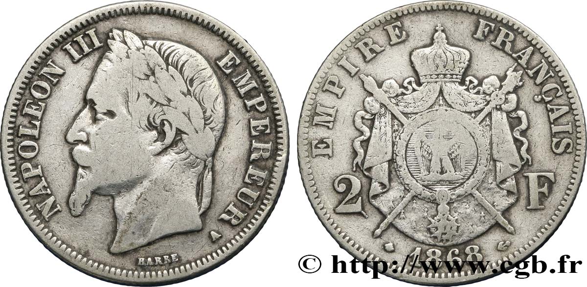 2 francs Napoléon III, tête laurée 1868 Paris F.263/8 S25 
