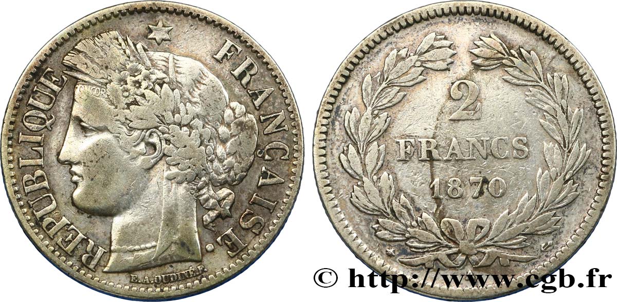 2 francs Cérès, sans légende 1870 Paris F.264/1 VF25 