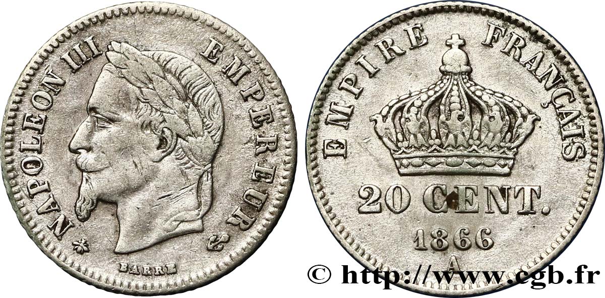 20 centimes Napoléon III, tête laurée, petit module 1866 Paris F.149/4 BC35