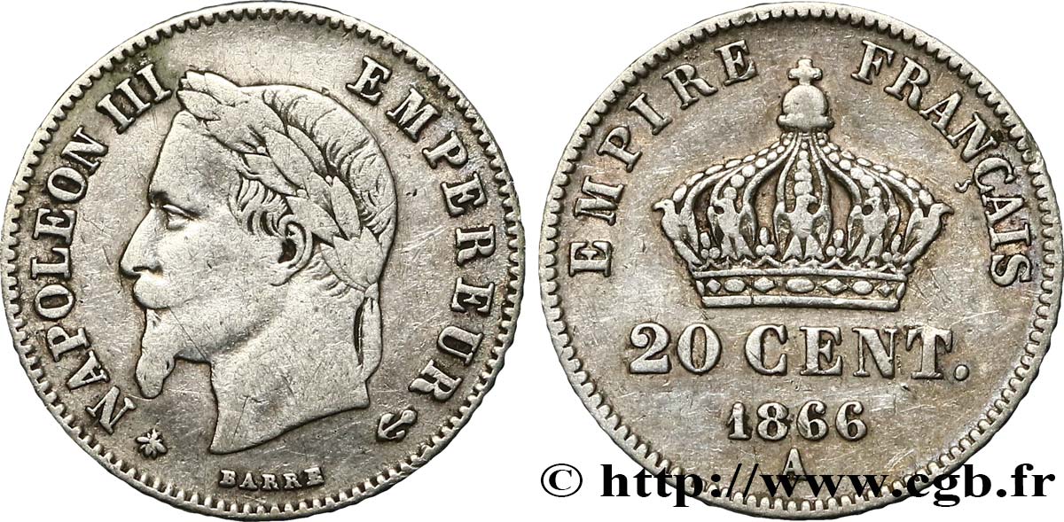 20 centimes Napoléon III, tête laurée, petit module 1866 Paris F.149/4 VF25 