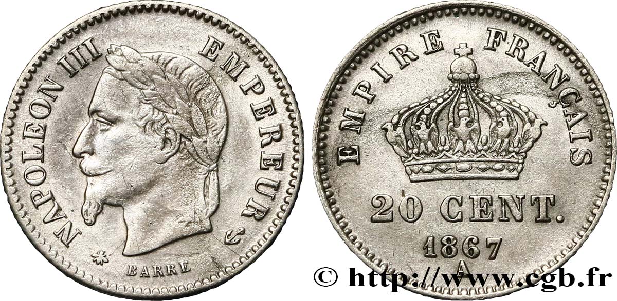 20 centimes Napoléon III, tête laurée, grand module 1867 Paris F.150/1 BB45 