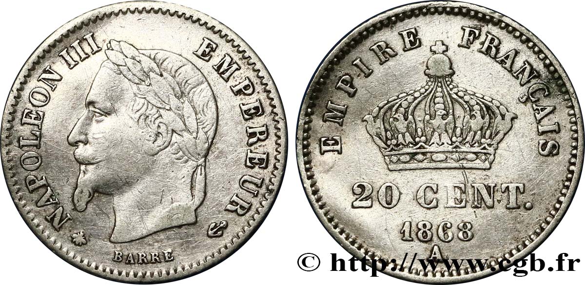 20 centimes Napoléon III, tête laurée, grand module 1868 Paris F.150/4 TB35 