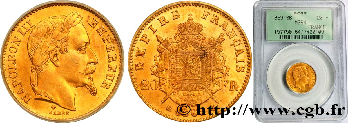 20 francs or Napoléon III, tête laurée, petit BB 1869 Strasbourg F.532/21 MS64 PCGS