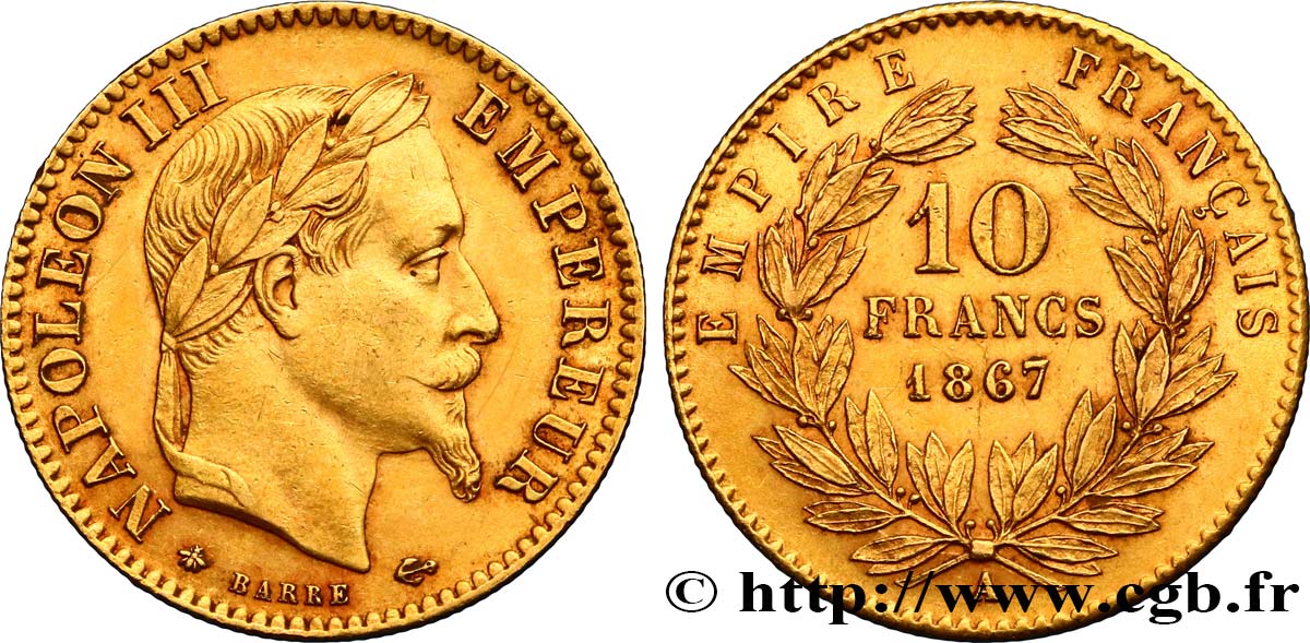 10 francs or Napoléon III, tête laurée 1867 Paris F.507A/15 SUP55 