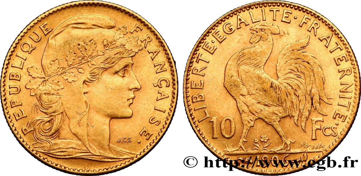 10 francs or Coq 1906 Paris F.509/7 AU55 