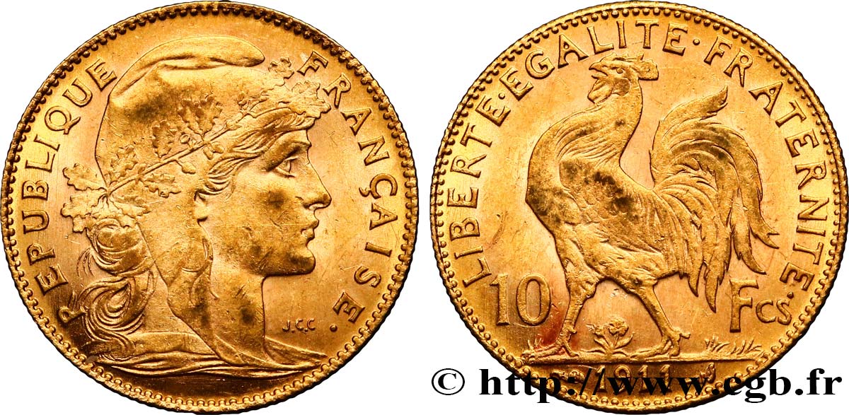 10 francs or Coq 1911 Paris F.509/12 EBC60 