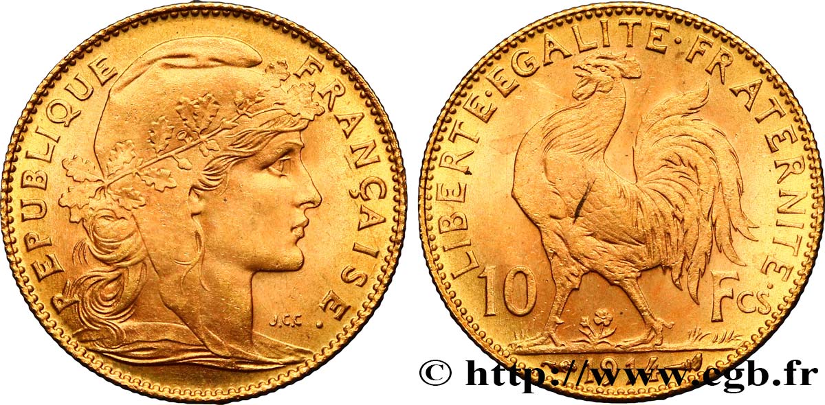 10 francs or Coq 1914 Paris F.509/14 MS63 