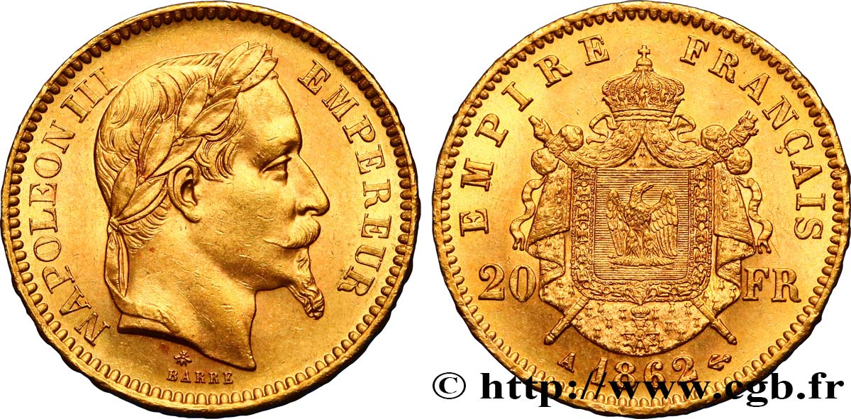 20 francs or Napoléon III, tête laurée 1862 Paris F.532/3 SUP58 
