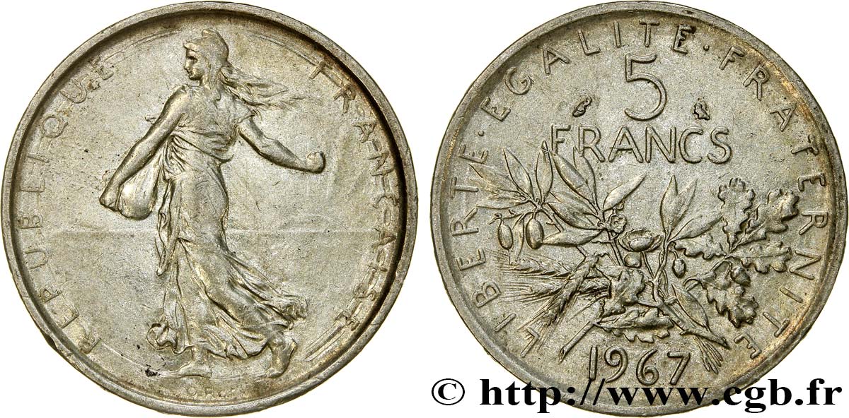 5 francs Semeuse, argent 1967 Paris F.340/11 AU50 
