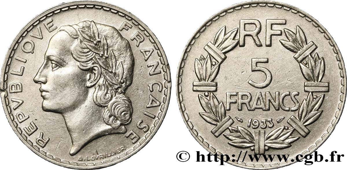 5 francs Lavrillier, nickel 1933 F.336/2 TTB48