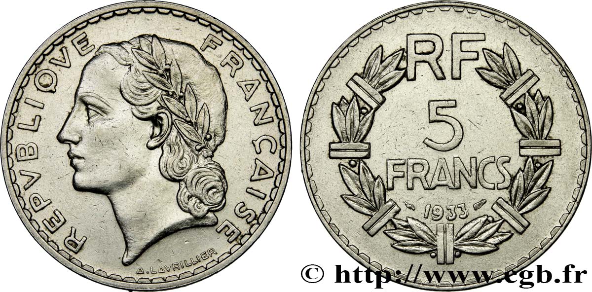 5 francs Lavrillier, nickel 1933  F.336/2 SUP55 