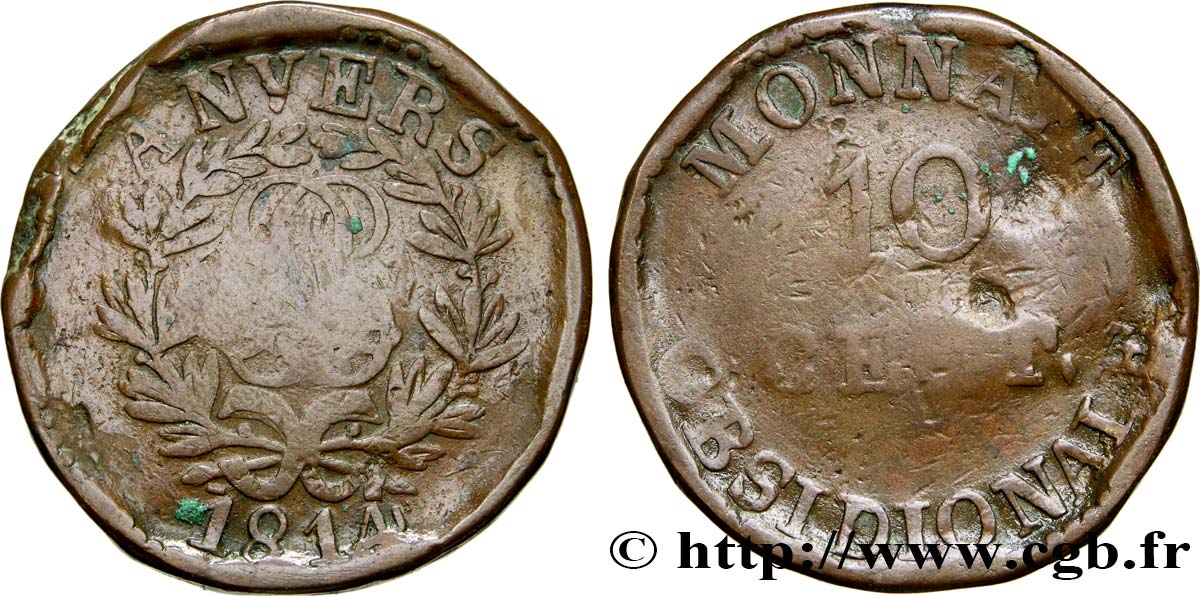 10 cent. Anvers au double L, frappe de l’arsenal de la marine 1814 Anvers F.130D/1 B