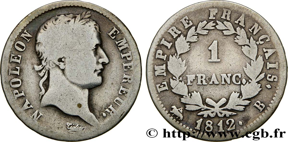 1 franc Napoléon Ier tête laurée, Empire français 1812 Rouen F.205/43 B12 