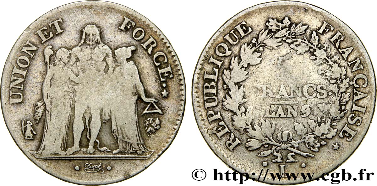 5 francs Union et Force, Union serré, avec glands intérieurs et gland extérieur 1801 Bayonne F.288/163 TB25 