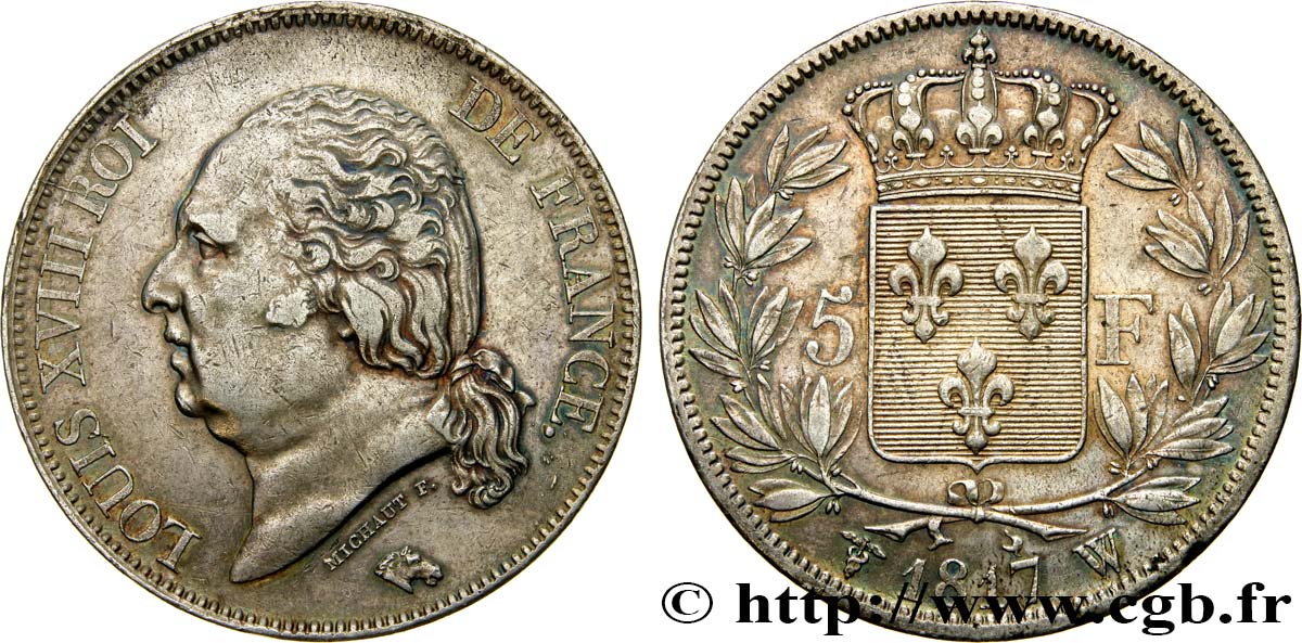 5 francs Louis XVIII, tête nue 1817 Lille F.309/27 TTB48 