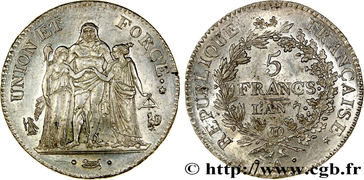 5 francs Union et Force, Union serré, avec glands intérieurs et gland extérieur 1799 Paris F.288/95 VZ60 