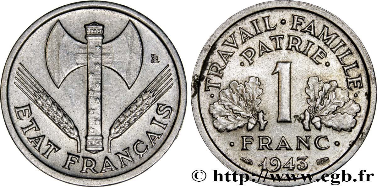 1 franc Francisque, lourde 1943 Paris F.222/4 AU52 
