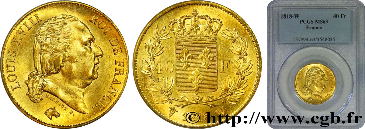 40 francs or Louis XVIII 1818 Lille F.542/8 MS63 PCGS
