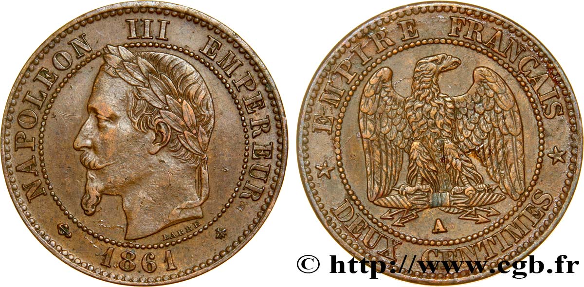 Deux centimes Napoléon III, tête laurée 1861 Paris F.108A/1 XF48 