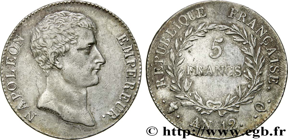 5 francs Napoléon Empereur, type intermédiaire, revers de l’An XI 1804 Perpignan F.302/11 AU52 