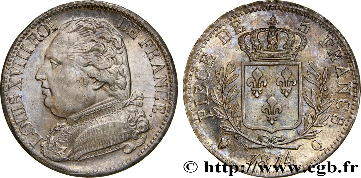 5 francs Louis XVIII, buste habillé 1814 Perpignan F.308/11 SUP62 