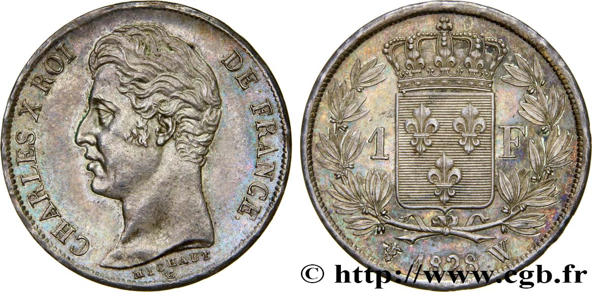 1 franc Charles X, matrice du revers à cinq feuilles 1828 Lille F.207/48 SPL63 