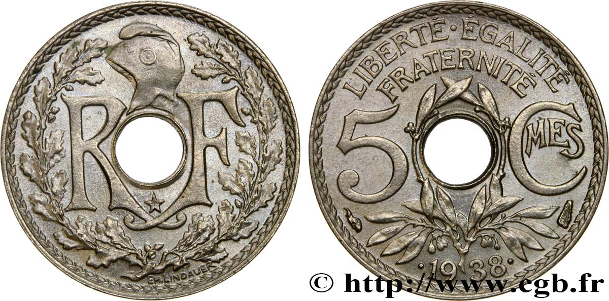5 centimes Lindauer, maillechort 1938 Paris F.123/1 VZ62 