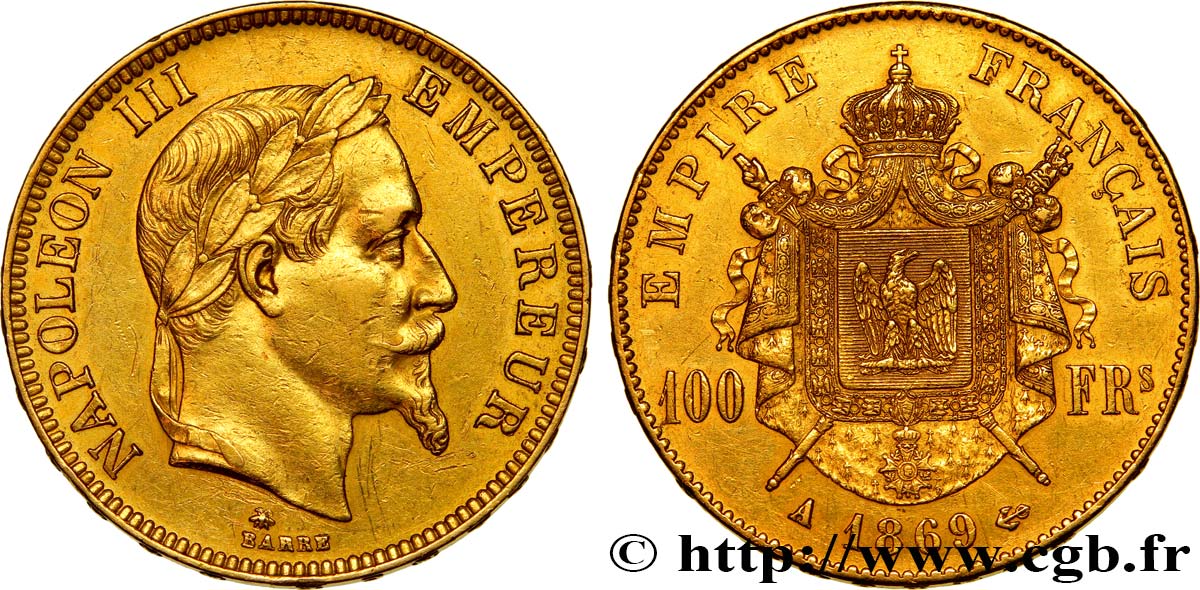 100 francs or Napoléon III, tête laurée 1869 Paris F.551/12 AU 