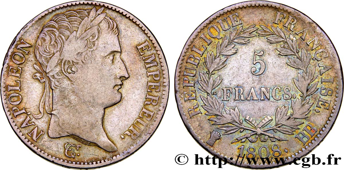 5 francs Napoléon Empereur, République française 1808 Strasbourg F.306/4 TB35 