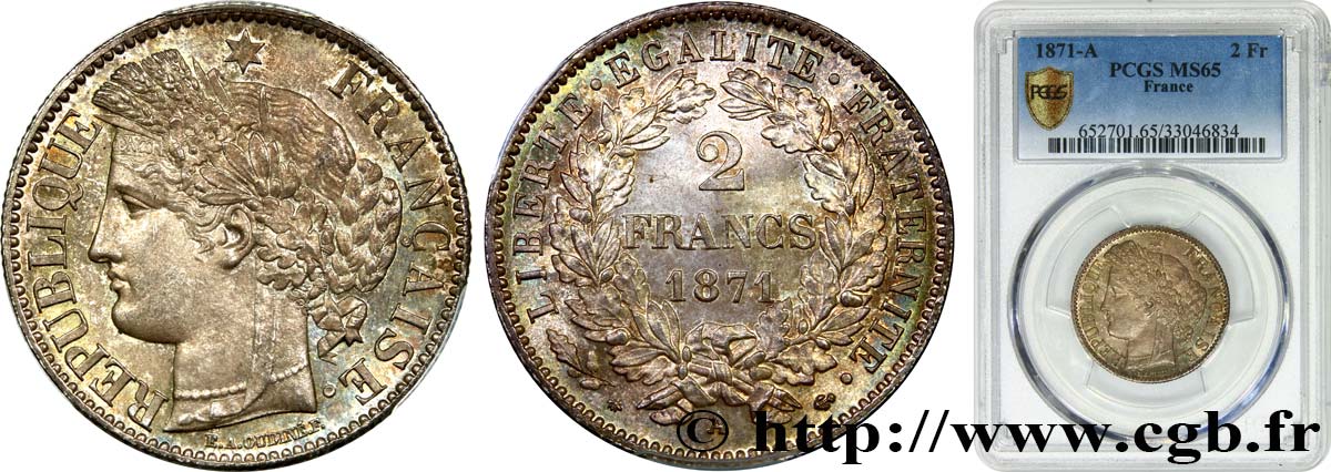 2 francs Cérès, avec légende 1871 Paris F.265/4 MS65 PCGS