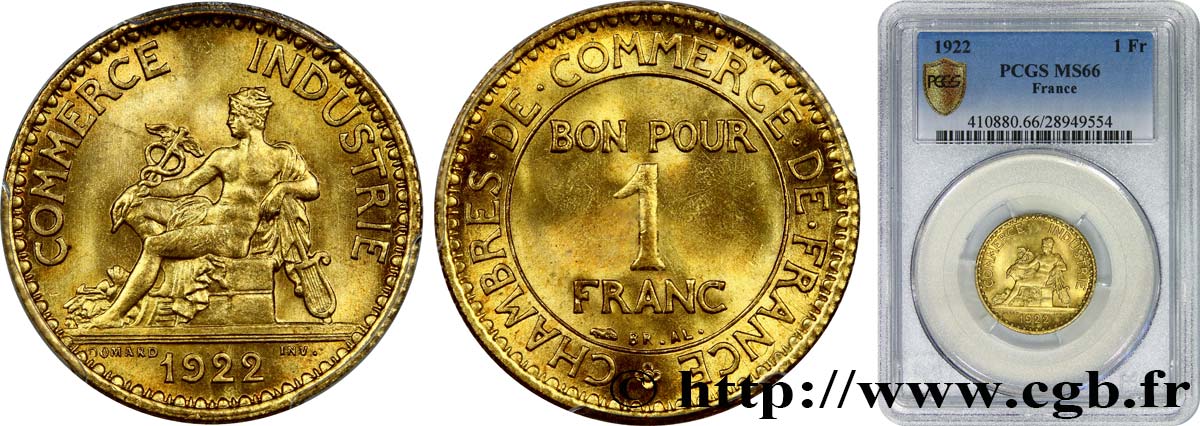 1 franc Chambres de Commerce 1922 Paris F.218/4 ST66 PCGS