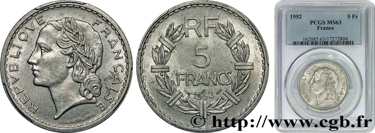 5 francs Lavrillier, aluminium 1952  F.339/22 MS63 PCGS